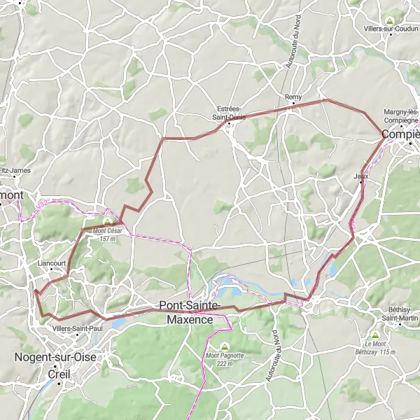 Miniature de la carte de l'inspiration cycliste "Escapade en Gravel à partir de Cauffry" dans la Picardie, France. Générée par le planificateur d'itinéraire cycliste Tarmacs.app