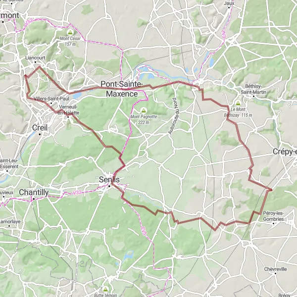 Miniature de la carte de l'inspiration cycliste "Tour en Gravel autour de Cauffry" dans la Picardie, France. Générée par le planificateur d'itinéraire cycliste Tarmacs.app
