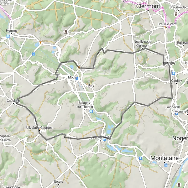 Miniature de la carte de l'inspiration cycliste "Parcours paisible près de Cauffry" dans la Picardie, France. Générée par le planificateur d'itinéraire cycliste Tarmacs.app