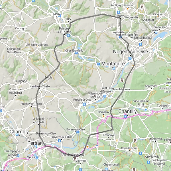 Miniature de la carte de l'inspiration cycliste "Boucle cyclable de Cauffry" dans la Picardie, France. Générée par le planificateur d'itinéraire cycliste Tarmacs.app