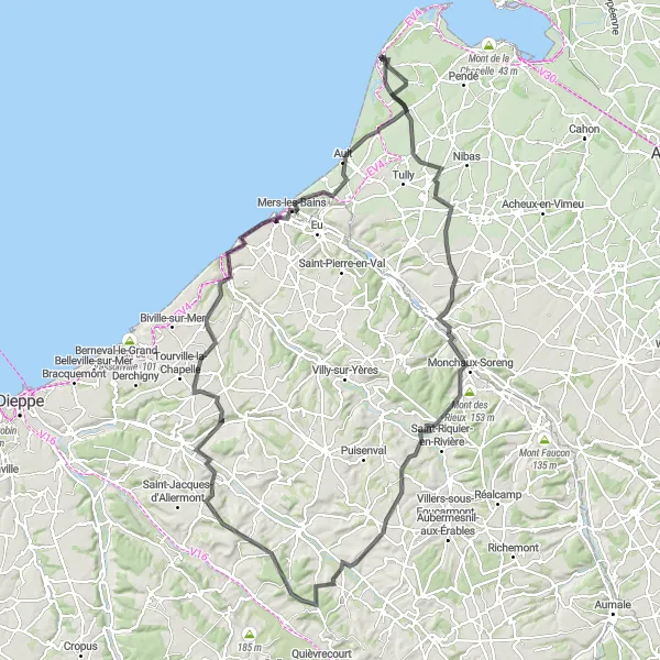 Miniature de la carte de l'inspiration cycliste "Les Vallées Vertes de Normandie" dans la Picardie, France. Générée par le planificateur d'itinéraire cycliste Tarmacs.app