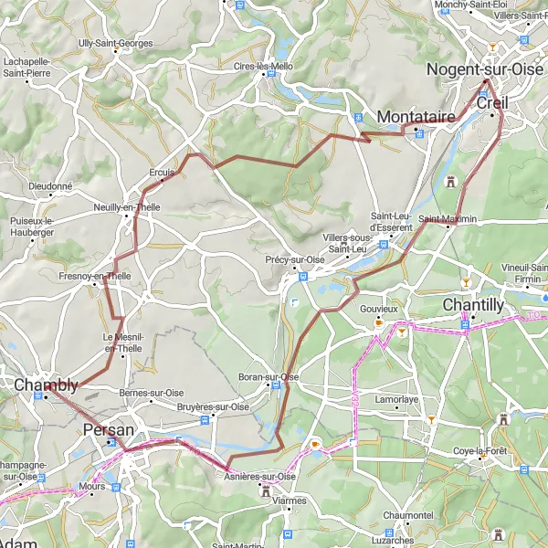 Map miniature of "The Chambly Loop: Gravel Adventure" cycling inspiration in Picardie, France. Generated by Tarmacs.app cycling route planner