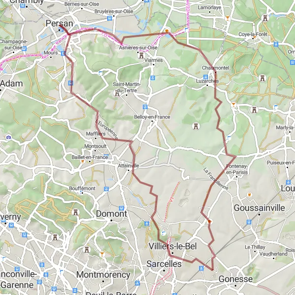 Map miniature of "The Chaumontel Escape" cycling inspiration in Picardie, France. Generated by Tarmacs.app cycling route planner