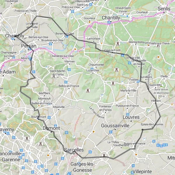 Map miniature of "The Boran-sur-Oise Venture" cycling inspiration in Picardie, France. Generated by Tarmacs.app cycling route planner