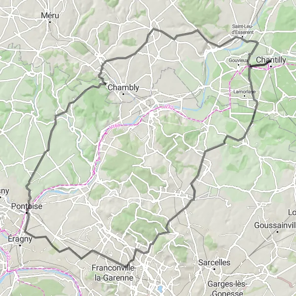 Miniature de la carte de l'inspiration cycliste "Parcours des Vexin" dans la Picardie, France. Générée par le planificateur d'itinéraire cycliste Tarmacs.app