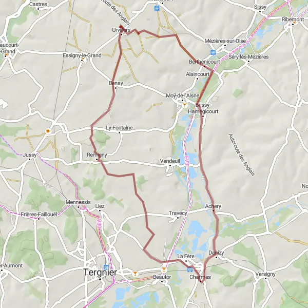 Map miniature of "Countryside Gravel Adventure" cycling inspiration in Picardie, France. Generated by Tarmacs.app cycling route planner