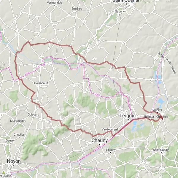 Map miniature of "Charmes - La Fère Gravel Loop" cycling inspiration in Picardie, France. Generated by Tarmacs.app cycling route planner