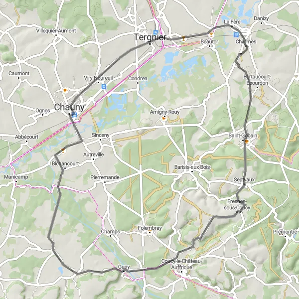 Map miniature of "Serene Road Cycle" cycling inspiration in Picardie, France. Generated by Tarmacs.app cycling route planner