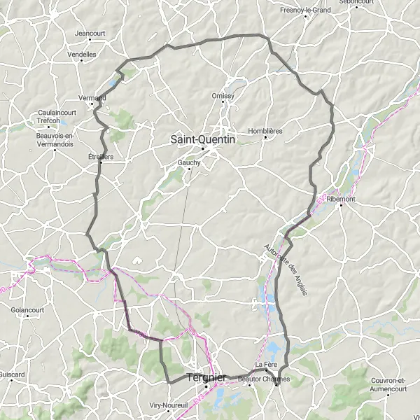 Map miniature of "Charmes - Brissay-Choigny Loop" cycling inspiration in Picardie, France. Generated by Tarmacs.app cycling route planner