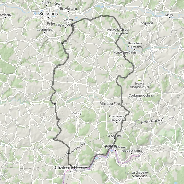 Map miniature of "Challenging road route near Château-Thierry" cycling inspiration in Picardie, France. Generated by Tarmacs.app cycling route planner