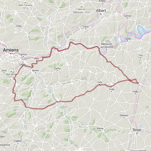 Map miniature of "Serene Gravel Ride through Rural Charm" cycling inspiration in Picardie, France. Generated by Tarmacs.app cycling route planner