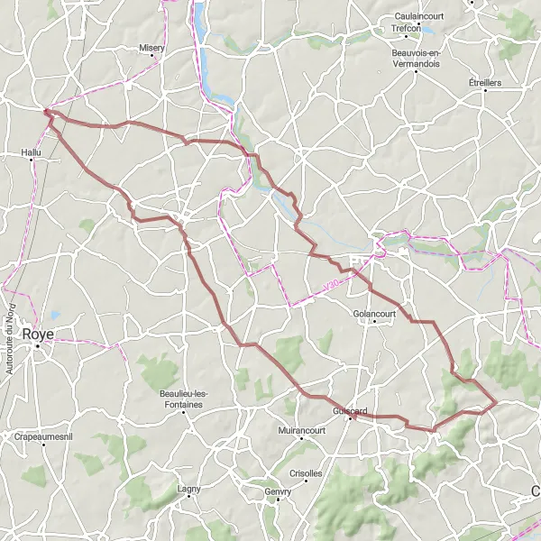Miniature de la carte de l'inspiration cycliste "Parcours de Vélo Tout-Terrain autour de Chaulnes" dans la Picardie, France. Générée par le planificateur d'itinéraire cycliste Tarmacs.app