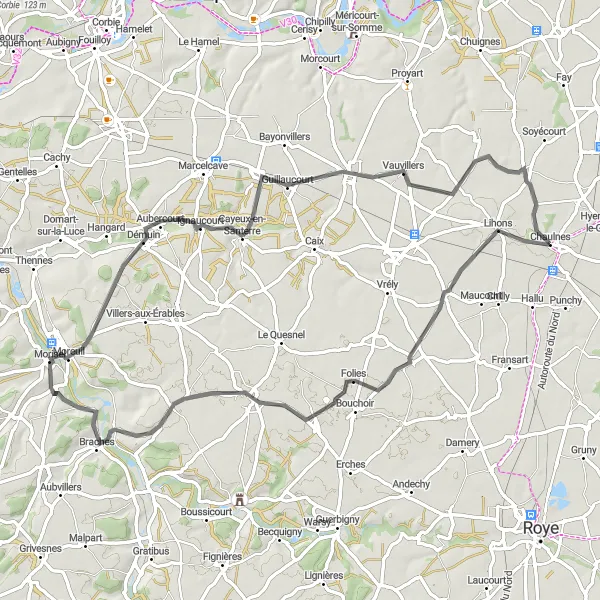 Map miniature of "The Santerre Circuit" cycling inspiration in Picardie, France. Generated by Tarmacs.app cycling route planner