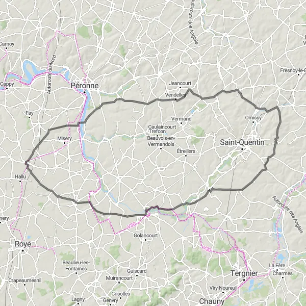 Miniature de la carte de l'inspiration cycliste "Escapade autour de Chaulnes" dans la Picardie, France. Générée par le planificateur d'itinéraire cycliste Tarmacs.app