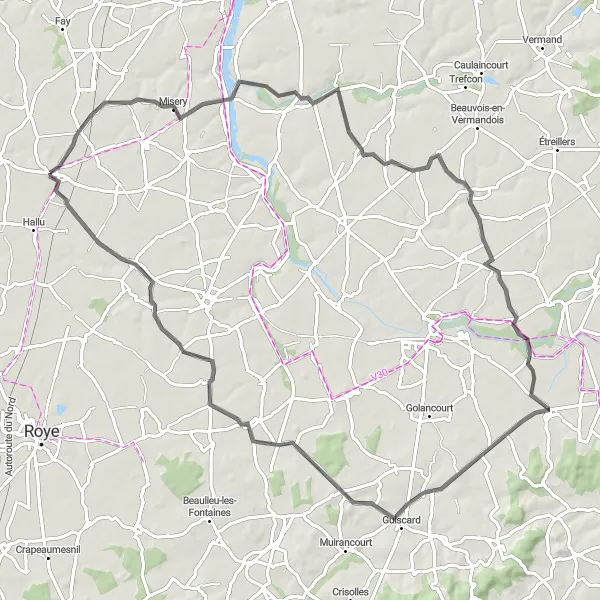 Miniature de la carte de l'inspiration cycliste "Parcours vers Manicourt" dans la Picardie, France. Générée par le planificateur d'itinéraire cycliste Tarmacs.app