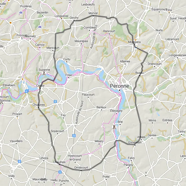 Miniature de la carte de l'inspiration cycliste "Boucle entre Ennemain et Pertain" dans la Picardie, France. Générée par le planificateur d'itinéraire cycliste Tarmacs.app