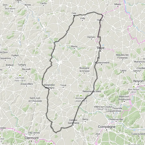 Miniature de la carte de l'inspiration cycliste "Boucle à travers la campagne picarde" dans la Picardie, France. Générée par le planificateur d'itinéraire cycliste Tarmacs.app
