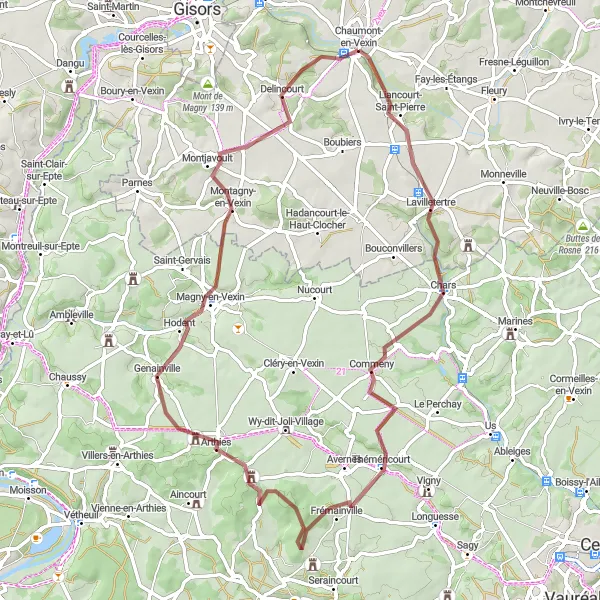 Miniature de la carte de l'inspiration cycliste "Chars to Delincourt Gravel Cycling Route" dans la Picardie, France. Générée par le planificateur d'itinéraire cycliste Tarmacs.app