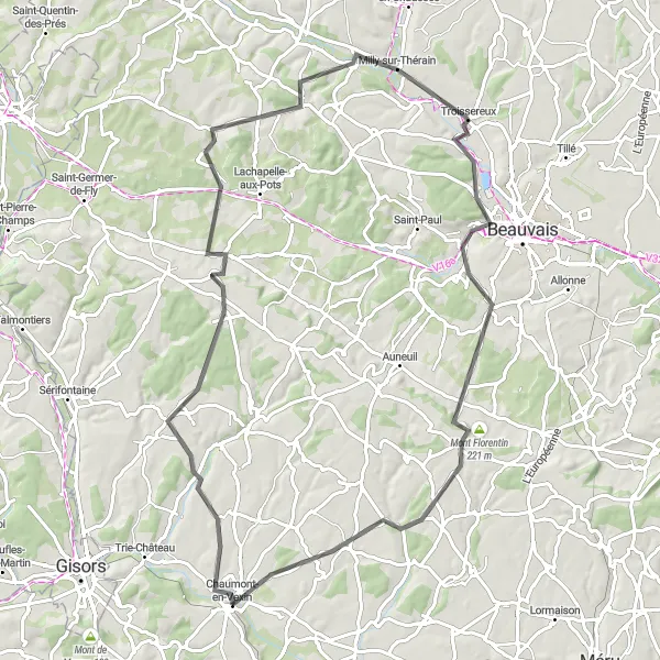 Miniature de la carte de l'inspiration cycliste "Boutencourt to Le Mesnil-Théribus Road Cycling Route" dans la Picardie, France. Générée par le planificateur d'itinéraire cycliste Tarmacs.app
