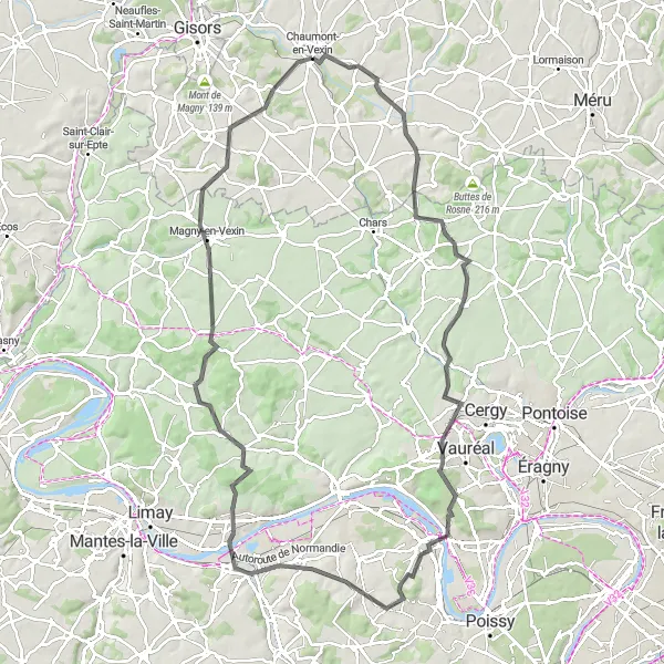 Map miniature of "Vexin Challenge" cycling inspiration in Picardie, France. Generated by Tarmacs.app cycling route planner