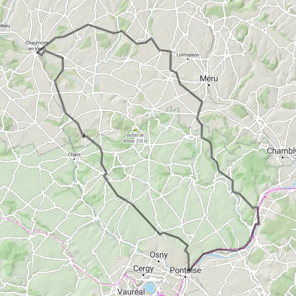 Miniature de la carte de l'inspiration cycliste "Tour du Vexin Oise" dans la Picardie, France. Générée par le planificateur d'itinéraire cycliste Tarmacs.app