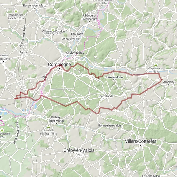 Map miniature of "Chevrières - Mont Bocquet Gravel Loop" cycling inspiration in Picardie, France. Generated by Tarmacs.app cycling route planner