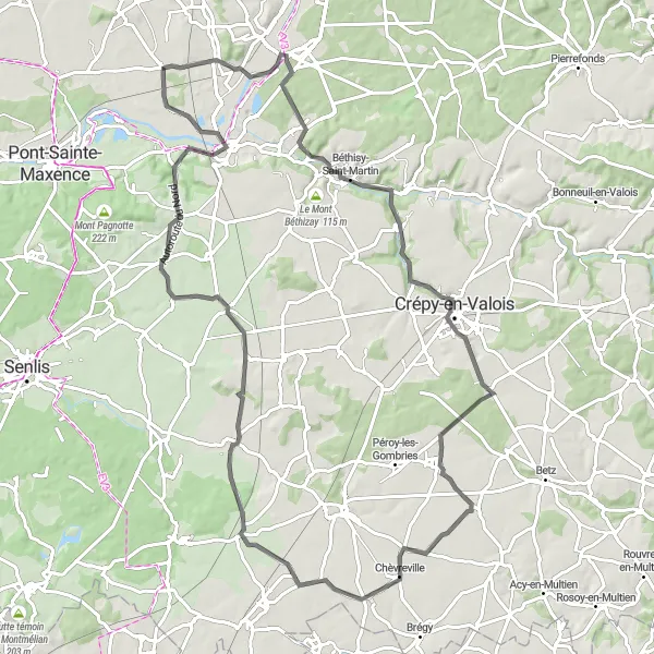 Map miniature of "Chevrières - Château d'Aramont Road Loop" cycling inspiration in Picardie, France. Generated by Tarmacs.app cycling route planner