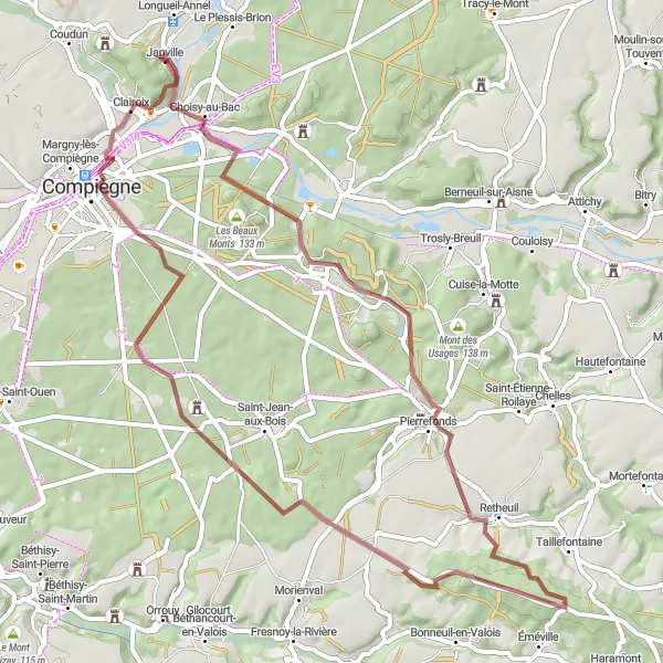Miniature de la carte de l'inspiration cycliste "Escapade Nature autour de Janville" dans la Picardie, France. Générée par le planificateur d'itinéraire cycliste Tarmacs.app