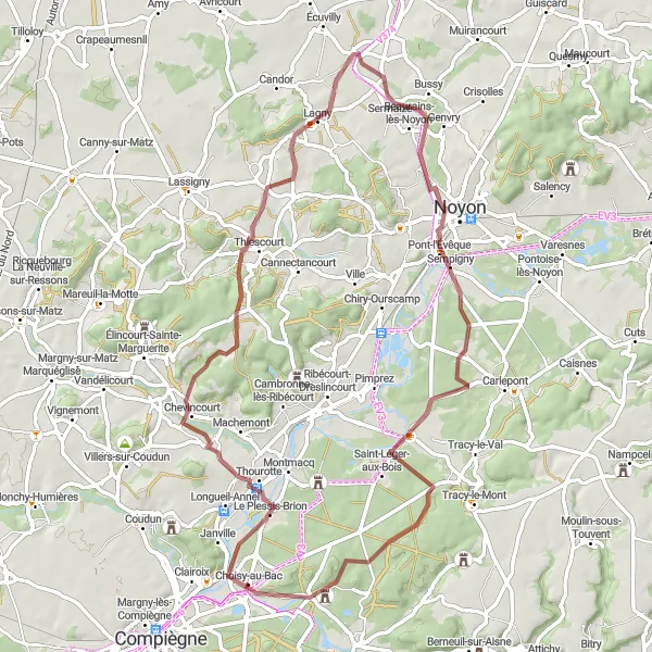 Miniature de la carte de l'inspiration cycliste "Sur les Chemins de l'Oise Verte" dans la Picardie, France. Générée par le planificateur d'itinéraire cycliste Tarmacs.app