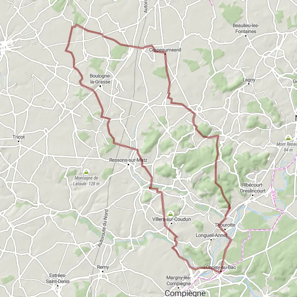 Map miniature of "Gravel Adventure near Choisy-au-Bac" cycling inspiration in Picardie, France. Generated by Tarmacs.app cycling route planner