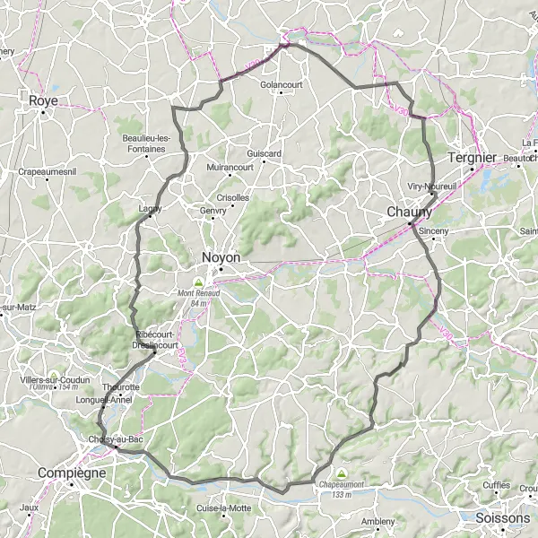 Map miniature of "Countryside Delights" cycling inspiration in Picardie, France. Generated by Tarmacs.app cycling route planner