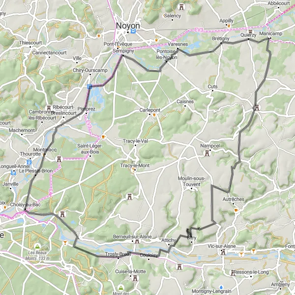 Map miniature of "Road Cycling Adventure" cycling inspiration in Picardie, France. Generated by Tarmacs.app cycling route planner