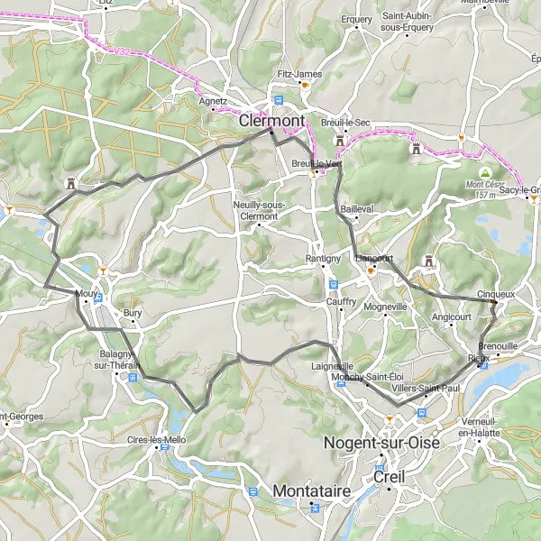 Miniature de la carte de l'inspiration cycliste "Les Paysages de l'Oise" dans la Picardie, France. Générée par le planificateur d'itinéraire cycliste Tarmacs.app