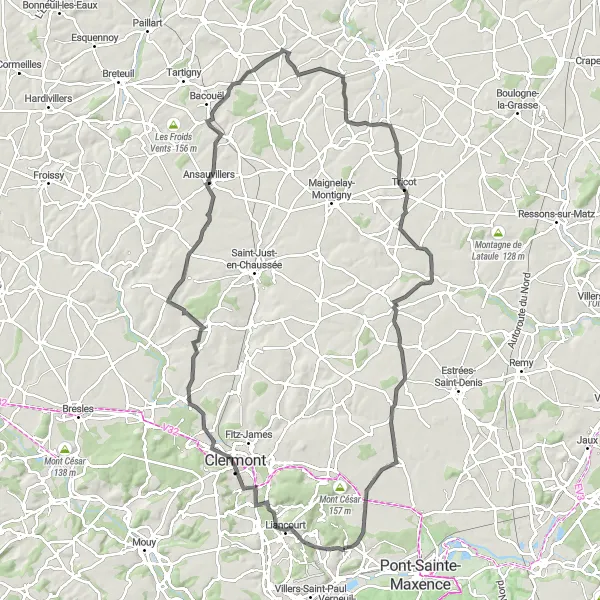 Miniature de la carte de l'inspiration cycliste "Parcours panoramique en Picardie" dans la Picardie, France. Générée par le planificateur d'itinéraire cycliste Tarmacs.app
