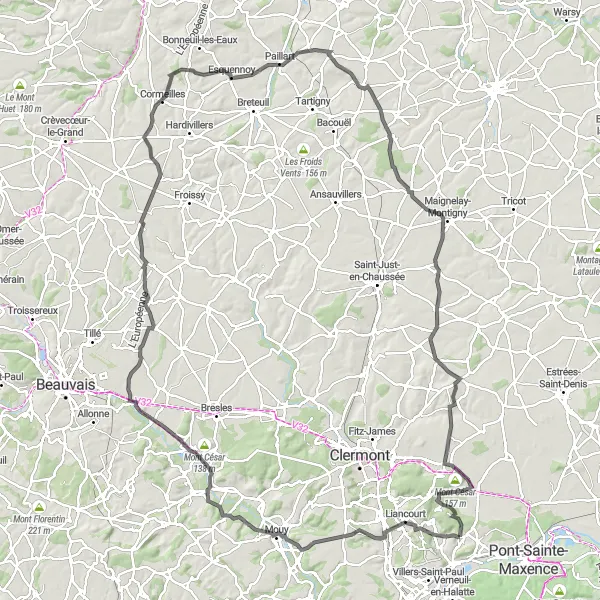 Map miniature of "A Test of Endurance" cycling inspiration in Picardie, France. Generated by Tarmacs.app cycling route planner
