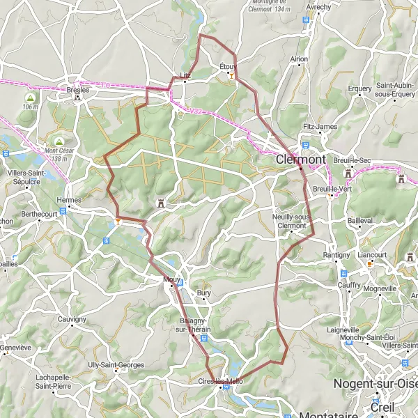 Map miniature of "Mouy Gravel Loop" cycling inspiration in Picardie, France. Generated by Tarmacs.app cycling route planner