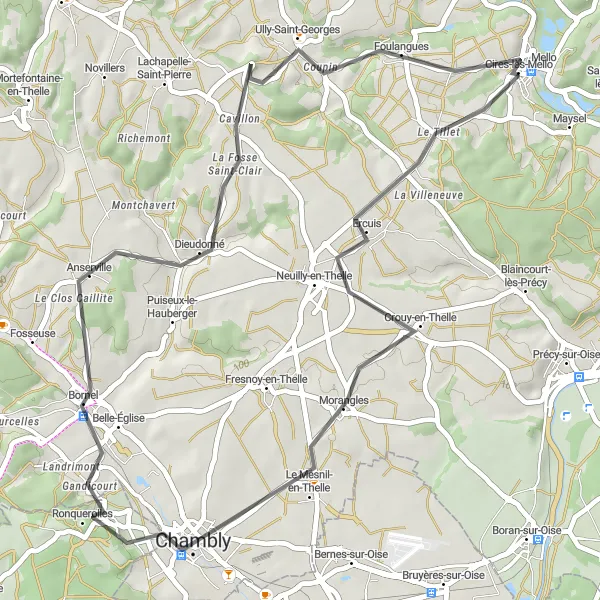 Map miniature of "Thelle Landscapes" cycling inspiration in Picardie, France. Generated by Tarmacs.app cycling route planner