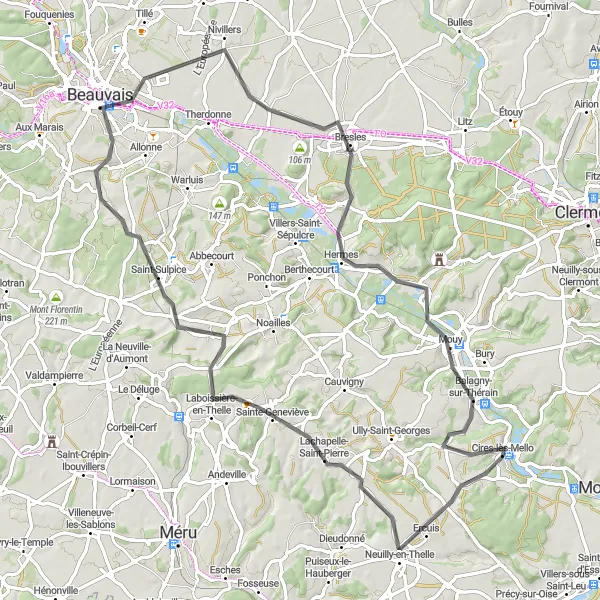 Miniature de la carte de l'inspiration cycliste "Parcours Historique du Vexin" dans la Picardie, France. Générée par le planificateur d'itinéraire cycliste Tarmacs.app