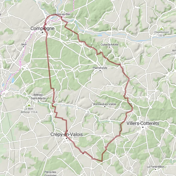 Miniature de la carte de l'inspiration cycliste "Tour en Gravel de Clairoix à Haramont" dans la Picardie, France. Générée par le planificateur d'itinéraire cycliste Tarmacs.app
