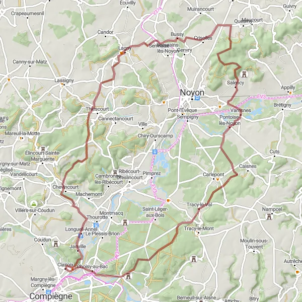 Map miniature of "Gravel Adventure with Scenic Hilltops" cycling inspiration in Picardie, France. Generated by Tarmacs.app cycling route planner