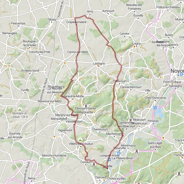 Miniature de la carte de l'inspiration cycliste "La Boucle du Camp de César" dans la Picardie, France. Générée par le planificateur d'itinéraire cycliste Tarmacs.app