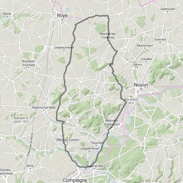 Miniature de la carte de l'inspiration cycliste "Boucle de l'Olinval à Montmacq" dans la Picardie, France. Générée par le planificateur d'itinéraire cycliste Tarmacs.app