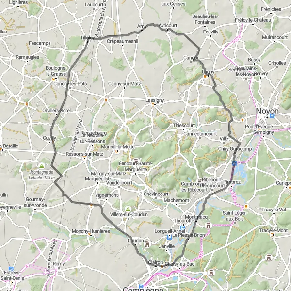 Miniature de la carte de l'inspiration cycliste "La Grande Boucle de Clairoix" dans la Picardie, France. Générée par le planificateur d'itinéraire cycliste Tarmacs.app