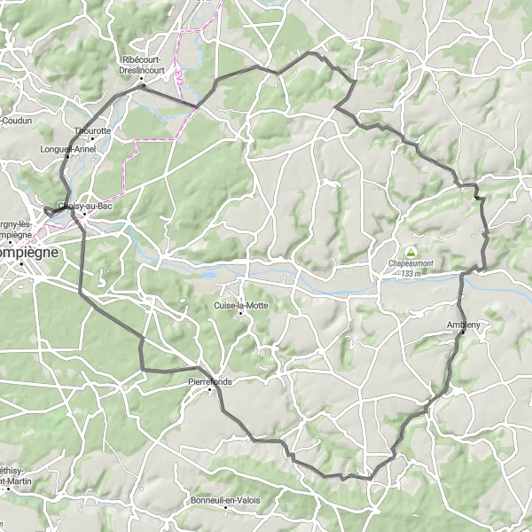 Map miniature of "Road Cycling Route with Hilly Landscapes" cycling inspiration in Picardie, France. Generated by Tarmacs.app cycling route planner