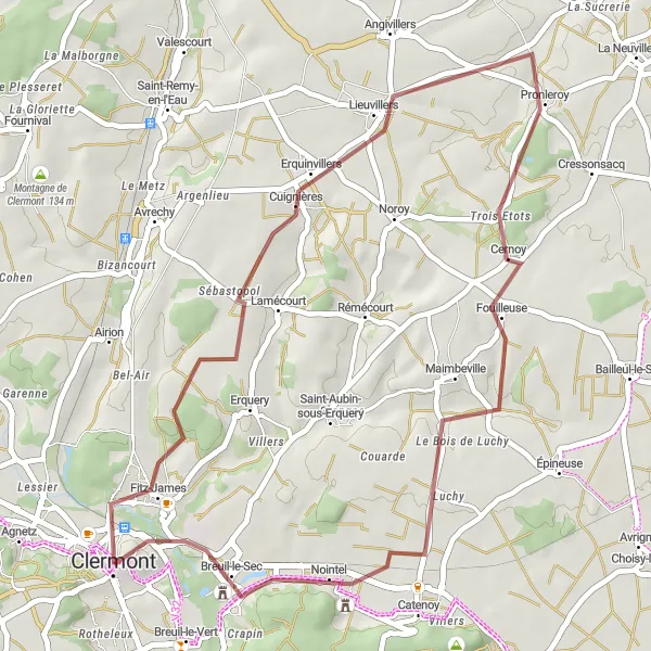 Map miniature of "Clermont Gravel Adventure with Charming Villages" cycling inspiration in Picardie, France. Generated by Tarmacs.app cycling route planner