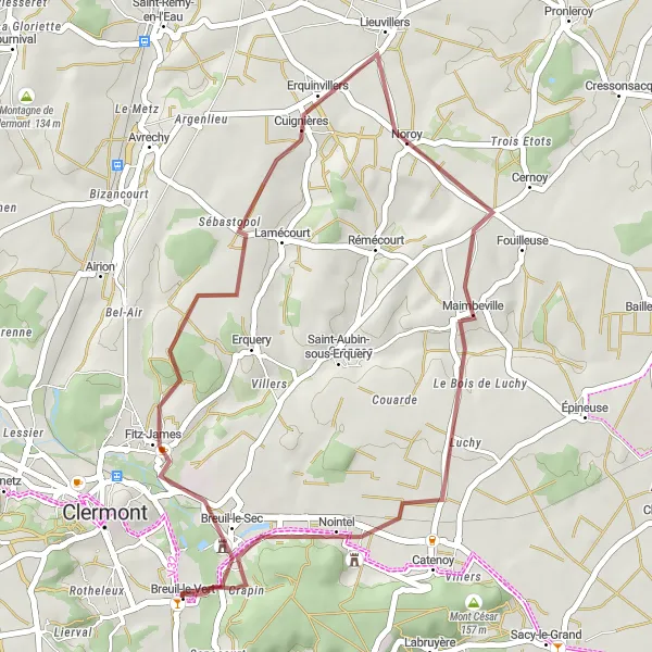 Miniature de la carte de l'inspiration cycliste "Aventure Gravel: Boucle sauvage de 34 km" dans la Picardie, France. Générée par le planificateur d'itinéraire cycliste Tarmacs.app
