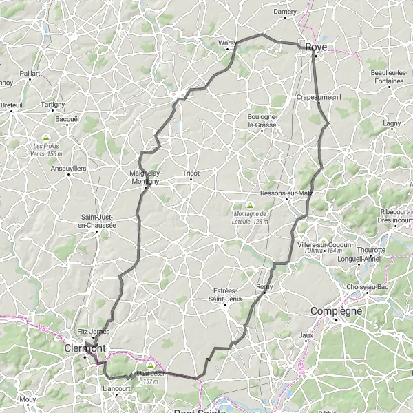 Miniature de la carte de l'inspiration cycliste "Charme rural de la Picardie" dans la Picardie, France. Générée par le planificateur d'itinéraire cycliste Tarmacs.app
