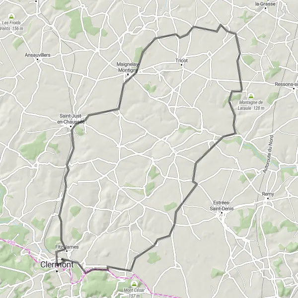 Map miniature of "Clermont Historic Circuit" cycling inspiration in Picardie, France. Generated by Tarmacs.app cycling route planner