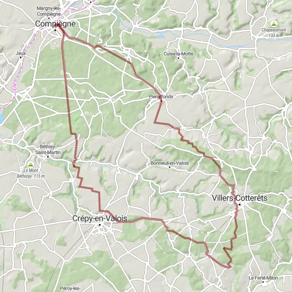 Map miniature of "Mont d'Arcy Gravel Loop" cycling inspiration in Picardie, France. Generated by Tarmacs.app cycling route planner