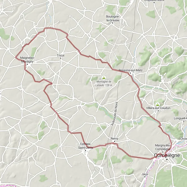 Map miniature of "Crèvecœur-le-Petit Gravel Loop" cycling inspiration in Picardie, France. Generated by Tarmacs.app cycling route planner